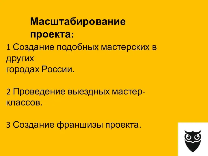 1 Создание подобных мастерских в других городах России. 2 Проведение выездных мастер-классов.