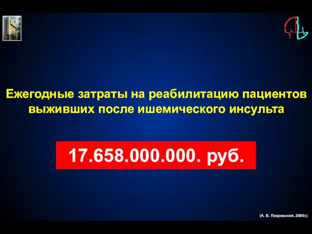 17.658.000.000. руб. Ежегодные затраты на реабилитацию пациентов выживших после ишемического инсульта (А. В. Покровский, 2006г.)