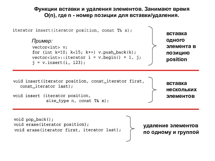 Функции вставки и удаления элементов. Занимают время O(n), где n - номер