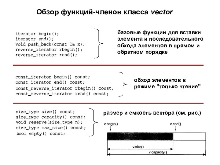 Обзор функций-членов класса vector базовые функции для вставки элемента и последовательного обхода