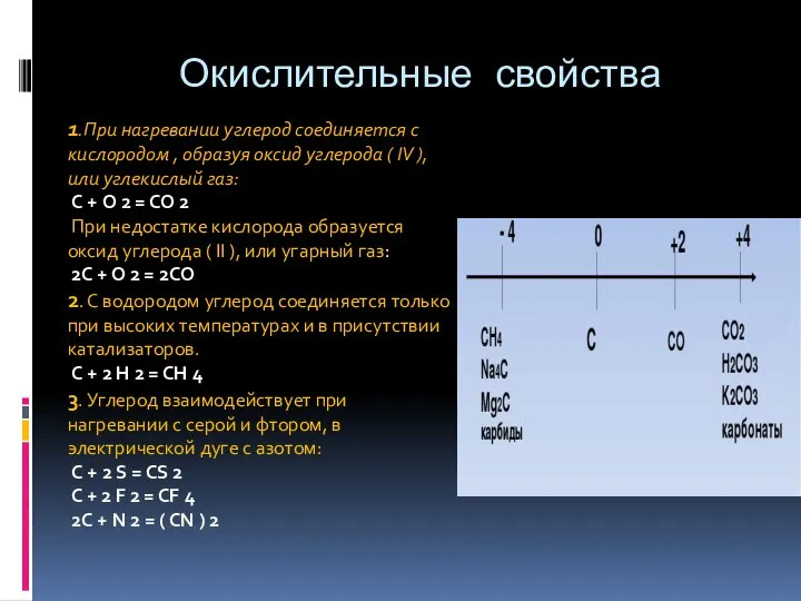 Окислительные свойства 1.При нагревании углерод соединяется с кислородом , образуя оксид углерода