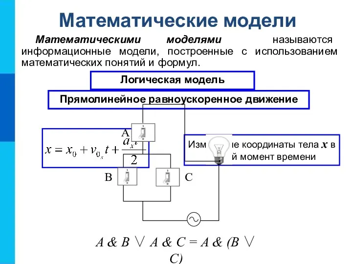 Математические модели Математическими моделями называются информационные модели, построенные с использованием математических понятий