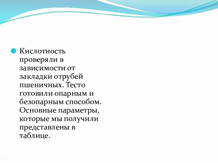 Кислотность проверяли в зависимости от закладки отрубей пшеничных. Тесто готовили опарным и