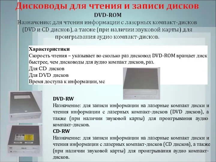 DVD-RW Назначение: для записи информации на лазерные компакт диски и чтения информации
