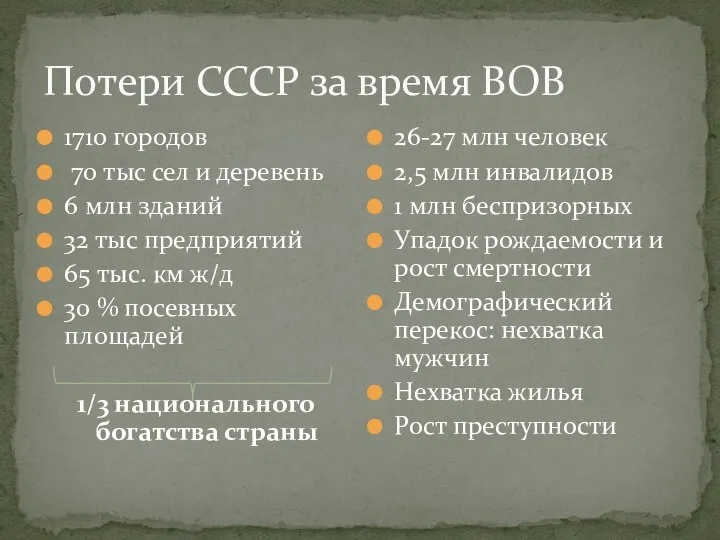 Потери СССР за время ВОВ 1710 городов 70 тыс сел и деревень