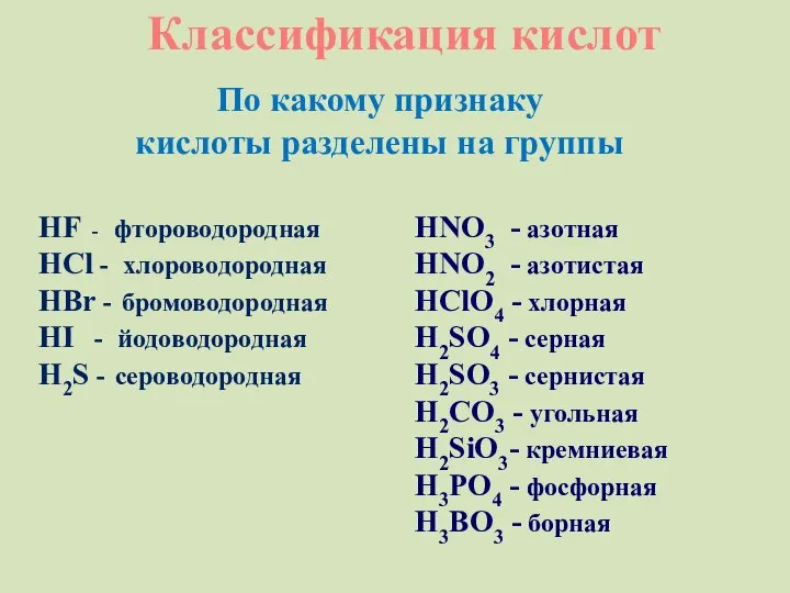Классификация кислот HF - фтороводородная HCl - хлороводородная HBr - бромоводородная HI