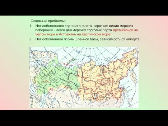 Основные проблемы: Нет собственного торгового флота, короткая линия морских побережий - всего