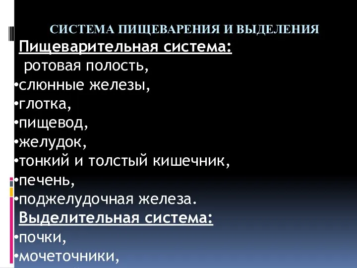 СИСТЕМА ПИЩЕВАРЕНИЯ И ВЫДЕЛЕНИЯ Пищеварительная система: ротовая полость, слюнные железы, глотка, пищевод,