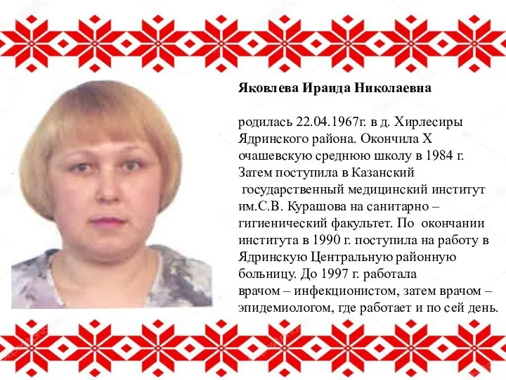 Яковлева Ираида Николаевна родилась 22.04.1967г. в д. Хирлесиры Ядринского района. Окончила Х