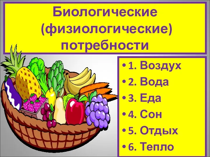 Биологические (физиологические) потребности 1. Воздух 2. Вода 3. Еда 4. Сон 5. Отдых 6. Тепло