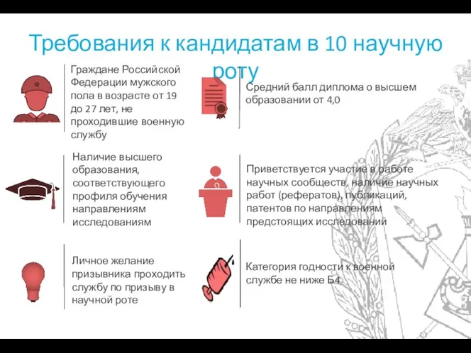 Требования к кандидатам в 10 научную роту Граждане Российской Федерации мужского пола