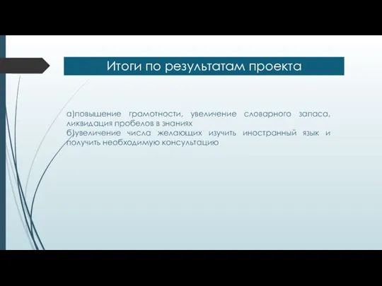 Итоги по результатам проекта а)повышение грамотности, увеличение словарного запаса, ликвидация пробелов в