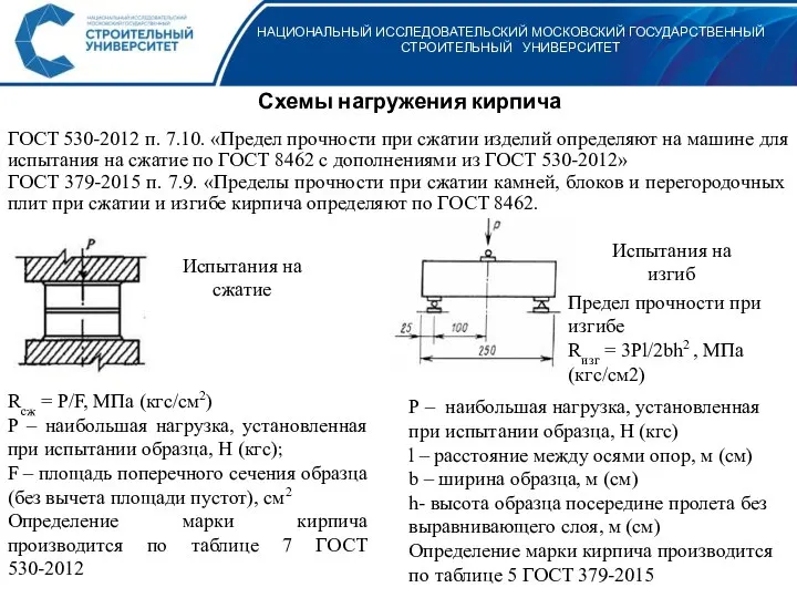 НАЦИОНАЛЬНЫЙ ИССЛЕДОВАТЕЛЬСКИЙ МОСКОВСКИЙ ГОСУДАРСТВЕННЫЙ СТРОИТЕЛЬНЫЙ УНИВЕРСИТЕТ Схемы нагружения кирпича ГОСТ 530-2012 п.