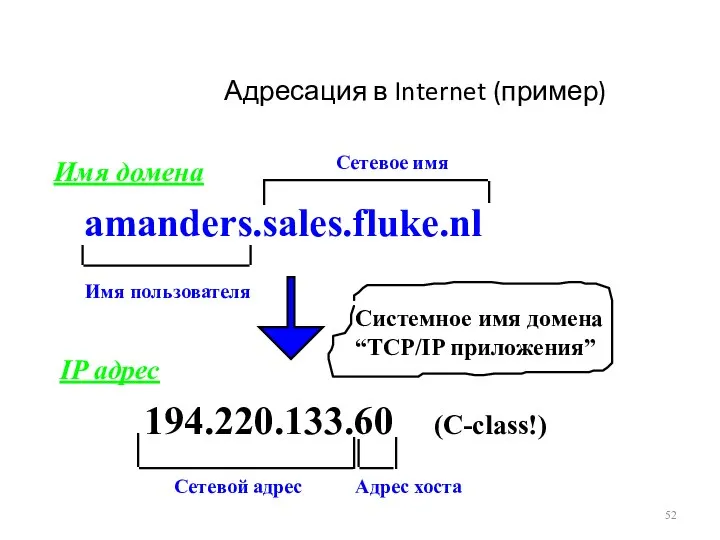 Адресация в Internet (пример) amanders.sales.fluke.nl 194.220.133.60 (C-class!) Имя домена Системное имя домена