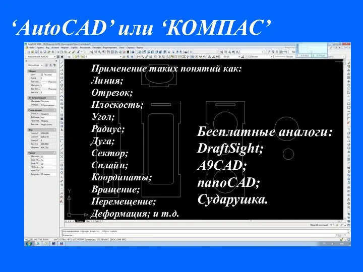 ACad ‘AutoCAD’ или ‘КОМПАС’ Бесплатные аналоги: DraftSight; A9CAD; nanoCAD‎; Сударушка. Применение таких