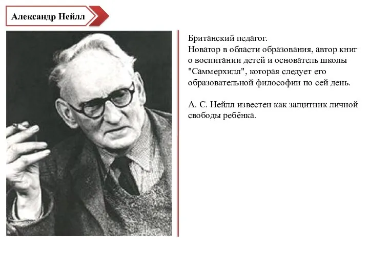 Александр Нейлл Британский педагог. Новатор в области образования, автор книг о воспитании