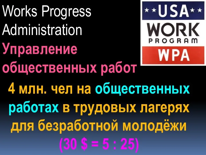 4 млн. чел на общественных работах в трудовых лагерях для безработной молодёжи