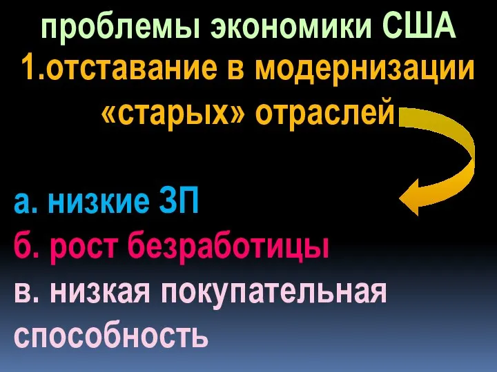 проблемы экономики США 1.отставание в модернизации «старых» отраслей а. низкие ЗП б.