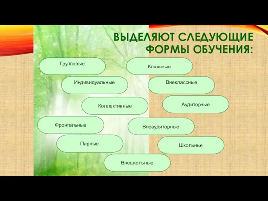 ВЫДЕЛЯЮТ СЛЕДУЮЩИЕ ФОРМЫ ОБУЧЕНИЯ: Групповые Индивидуальные Коллективные Фронтальные Парные Школьные Внешкольные Внеаудиторные Аудиторные Внеклассные Классные