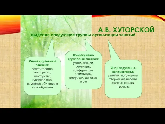 А.В. ХУТОРСКОЙ выделил следующие группы организации занятий Индивидуальные занятия: репетиторство, тьюторство, менторство,