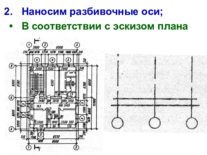 Наносим разбивочные оси; В соответствии с эскизом плана