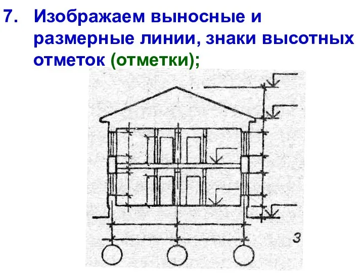 Изображаем выносные и размерные линии, знаки высотных отметок (отметки);