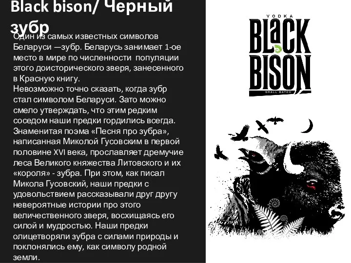 Black bison/ Черный зубр Один из самых известных символов Беларуси —зубр. Беларусь