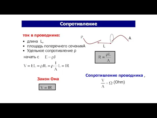 Сопротивление проводника , (Ohm) ток в проводнике: Сопротивление L ρ A длина