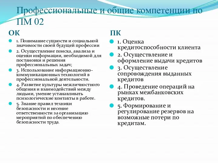 Профессиональные и общие компетенции по ПМ 02 ОК ПК 1. Понимание сущности