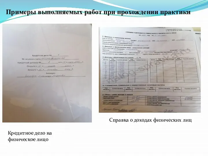 Примеры выполняемых работ при прохождении практики Кредитное дело на физическое лицо Справка о доходах физических лиц