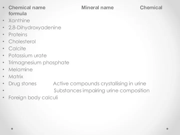 Chemical name Mineral name Chemical formula Xanthine 2,8-Dihydroxyadenine Proteins Cholesterol Calcite Potassium