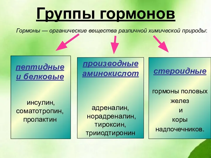 Группы гормонов Гормоны — органические вещества различной химической природы: производные аминокислот адреналин,