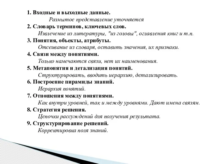 1. Входные и выходные данные. Размытое представление уточняется 2. Словарь терминов, ключевых