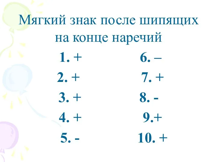 Мягкий знак после шипящих на конце наречий 1. + 6. – 2.