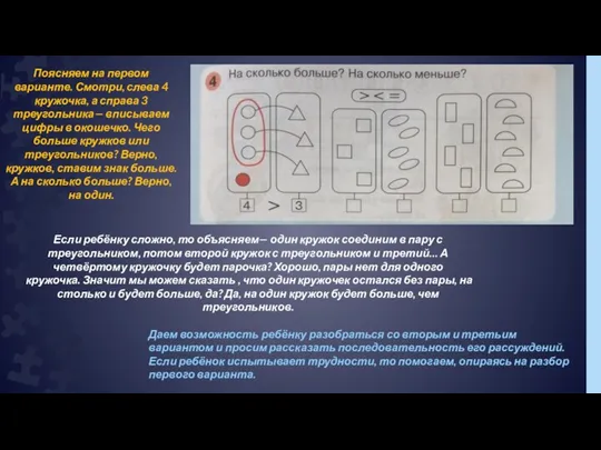 Поясняем на первом варианте. Смотри, слева 4 кружочка, а справа 3 треугольника—