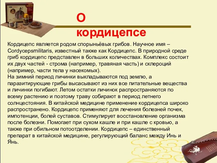 Кордицепс является родом спорыньёвых грибов. Научное имя – Cordycepsmilitaris, известный также как