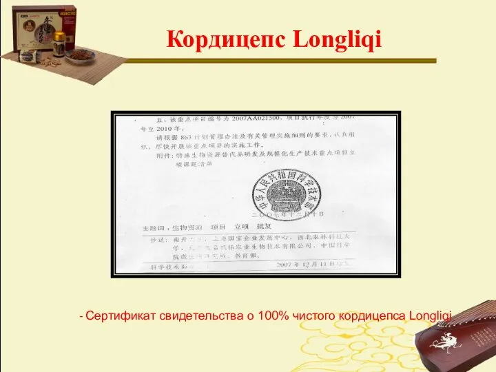 Кордицепс Longliqi - Сертификат свидетельства о 100% чистого кордицепса Longliqi