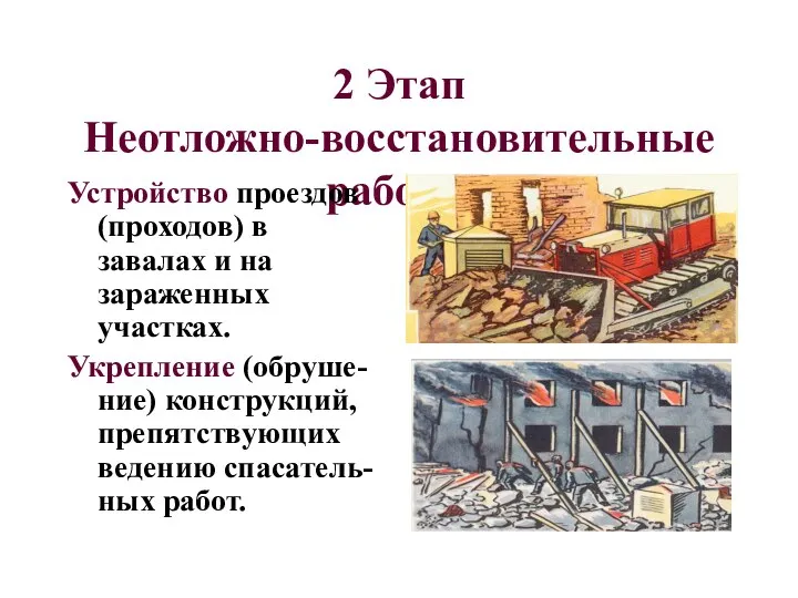 2 Этап Неотложно-восстановительные работы Устройство проездов (проходов) в завалах и на зараженных