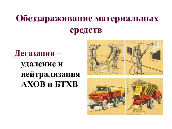 Обеззараживание материальных средств Дегазация – удаление и нейтрализация АХОВ и БТХВ