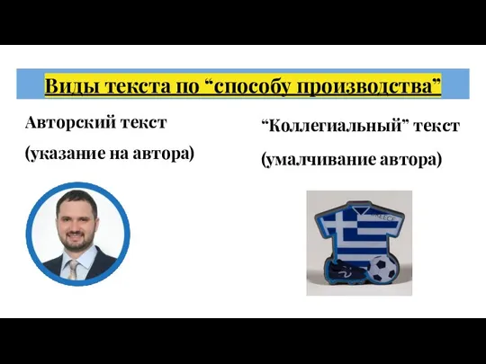 Виды текста по “способу производства” Авторский текст (указание на автора) “Коллегиальный” текст (умалчивание автора)