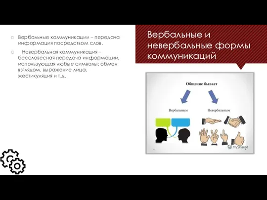 Вербальные и невербальные формы коммуникаций Вербальные коммуникации – передача информация посредством слов.