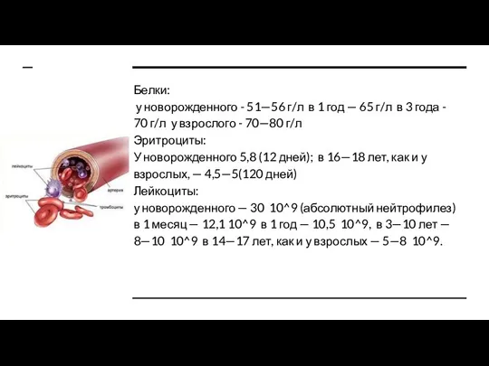 Белки: у новорожденного - 51—56 г/л в 1 год — 65 г/л