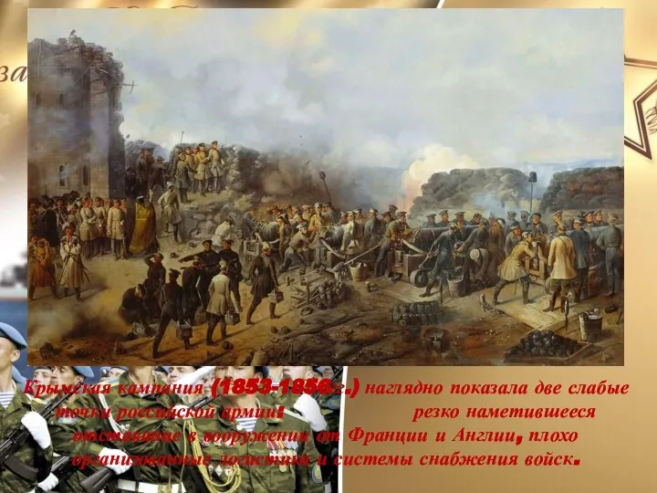 Крымская кампания (1853-1856гг.) наглядно показала две слабые точки российской армии: резко наметившееся