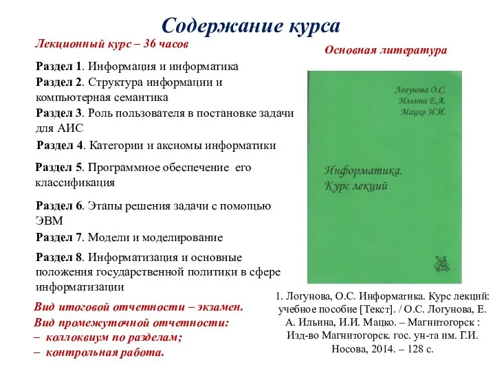 Содержание курса Лекционный курс – 36 часов Вид итоговой отчетности – экзамен.