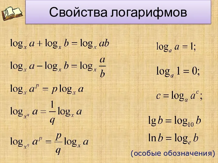 Свойства логарифмов (особые обозначения)