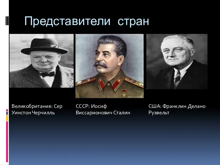 Представители стран СССР: Иосиф Виссарионович Сталин США: Франклин Делано Рузвельт Великобритания: Сер Уинстон Черчилль