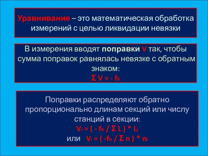 Уравнивание – это математическая обработка измерений с целью ликвидации невязки В измерения