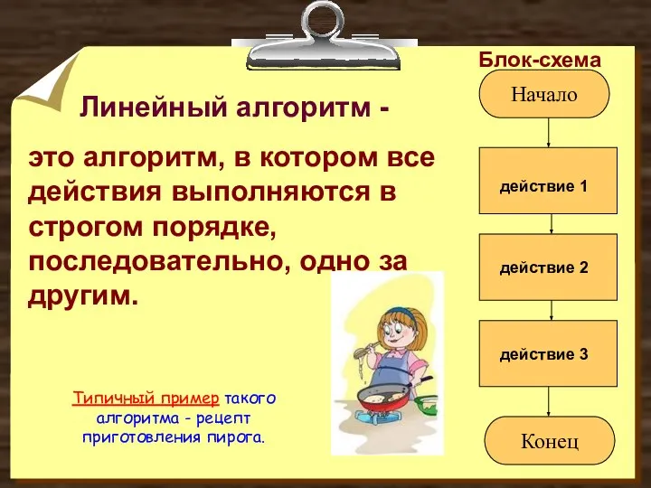 Линейный алгоритм - это алгоритм, в котором все действия выполняются в строгом