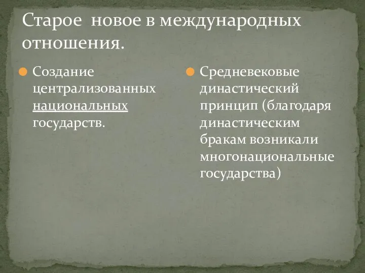 Старое новое в международных отношения. Создание централизованных национальных государств. Средневековые династический принцип