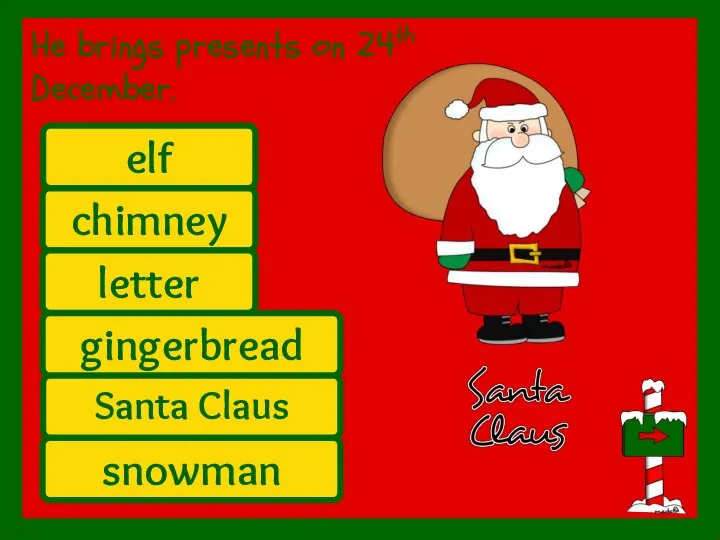 Santa Claus He brings presents on 24th December. chimney letter gingerbread elf snowman